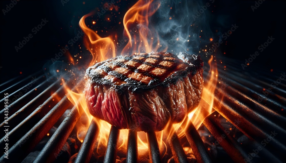 Perfectly cooked steak sizzling on a barbecue grill with flames and rich detail Perfectly cooked steak sizzling on a barbecue grill with flames and rich detail