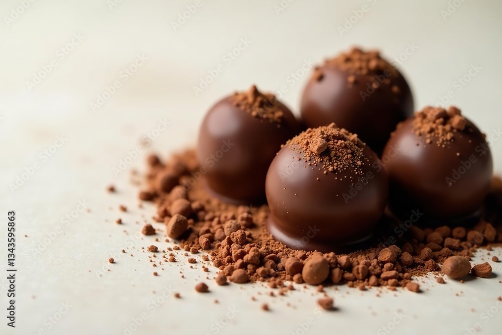Gourmet chocolate truffles, scattered cocoa powder, brown, food photography, background Gourmet chocolate truffles, scattered cocoa powder, brown, food photography, background