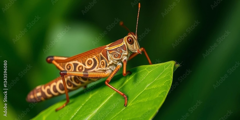 Intricate Design on a Vibrant Grasshopper Resting on a Lush Green Leaf Intricate Design on a Vibrant Grasshopper Resting on a Lush Green Leaf