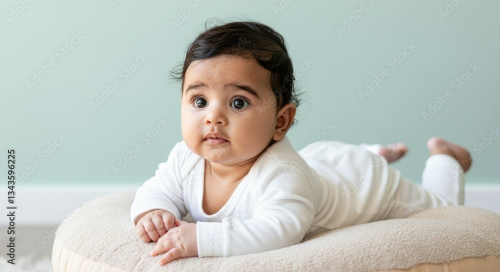 Adorable asian infant in white outfit lying on cushion Adorable asian infant in white outfit lying on cushion