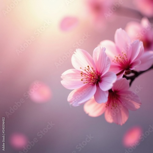 Gentle pink sakura petals float in soft focus, blending with pastel hues of dawn, pastel, nature