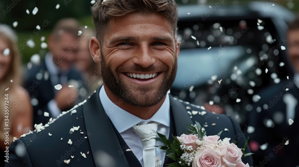 Happy groom showered with confetti at wedding reception