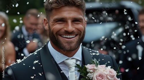 Obraz na płótnie Happy groom showered with confetti at wedding reception w salonie