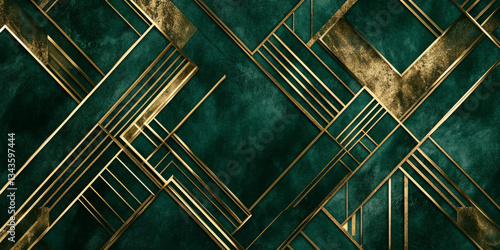 A luxury 3D background featuring an art deco-inspired geometric pattern etched in gold over a deep emerald velvet surface. The rich textures and elegant contrasts enhance the sophisticated visual
