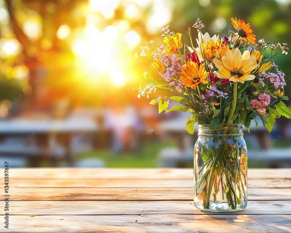 A vase of flowers acting as the centerpiece for a dreamy outdoor concert. A vase of flowers acting as the centerpiece for a dreamy outdoor concert.