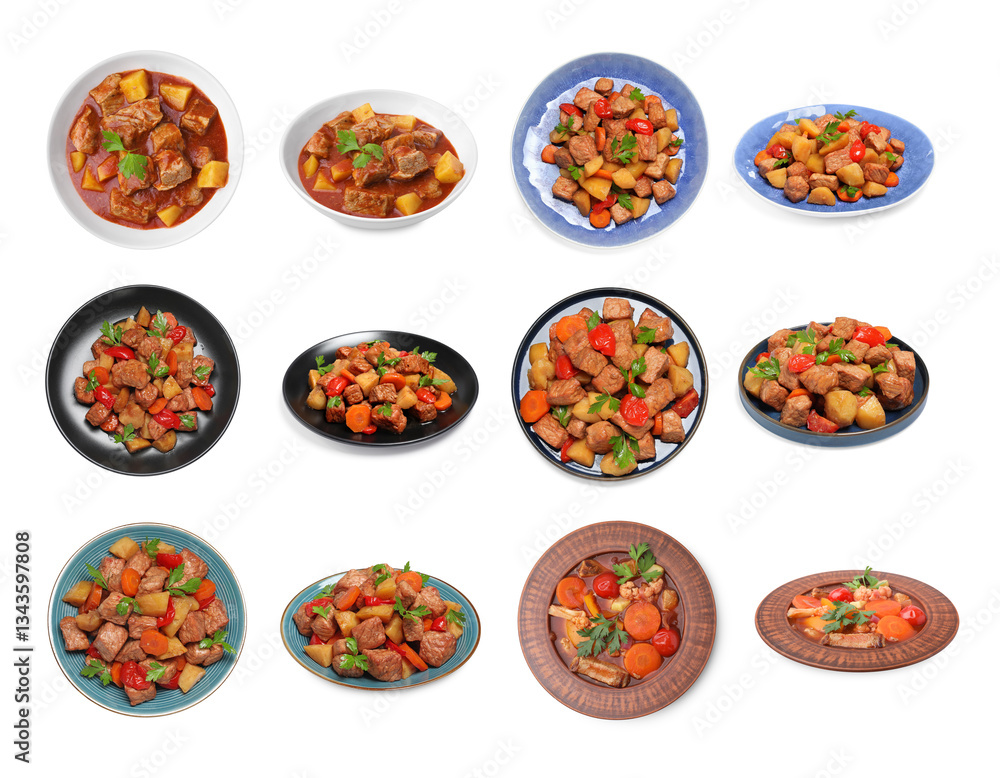 Different cooked stews isolated on white, set. Top and side view Different cooked stews isolated on white, set. Top and side view