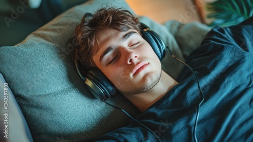 Relaxed young man immersed in musical serenity while resting peacefully on a couch
