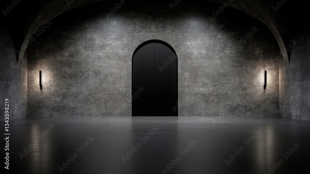 Dark, arched, concrete room with a door