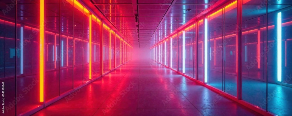 Copyspace design in glass corridor with LED lights and geometric pattern, industrial, design Copyspace design in glass corridor with LED lights and geometric pattern, industrial, design