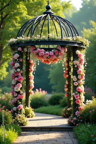 Metal gazebo with pink and white floral banners suspended from it amidst lush greenery, greenery, white