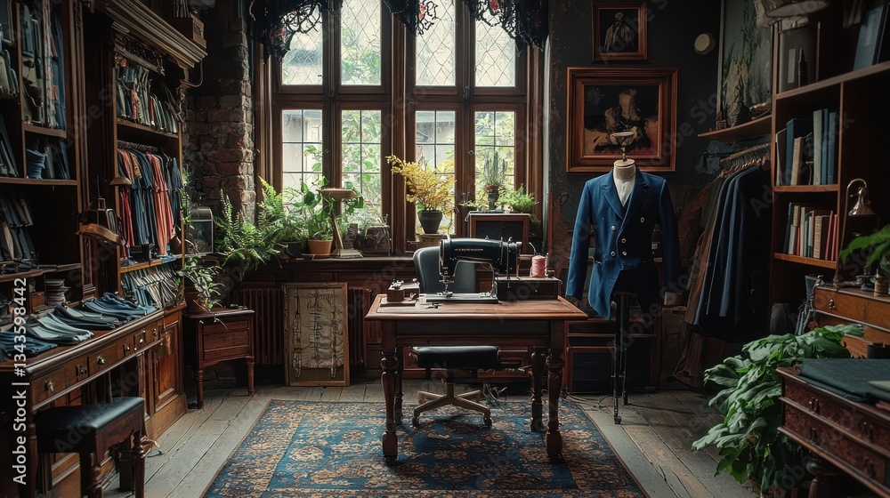 Fototapeta premium A Luxurious Tailoring Room Filled With Elegant Clothing And Supplies