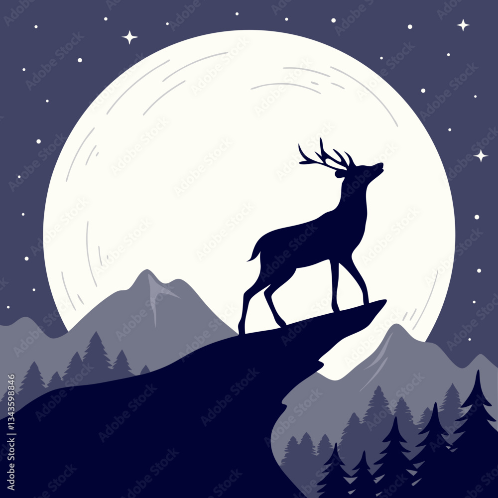 A sleek vector silhouette of a deer standing on a cliff, with a large full moon behind it vector design. A sleek vector silhouette of a deer standing on a cliff, with a large full moon behind it vector design.
