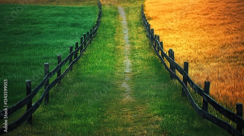 Two fields separated by fence. One field green, thriving. Field parched, dull golden. Pathway runs through middle of fields. Vivid contrast illustrates grass always greener on side concept. Peaceful