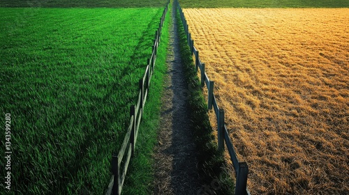 Two fields separated by fence. One field green, thriving. Field parched, dull golden. Pathway runs through middle of fields. Vivid contrast illustrates grass always greener on side concept. Peaceful
