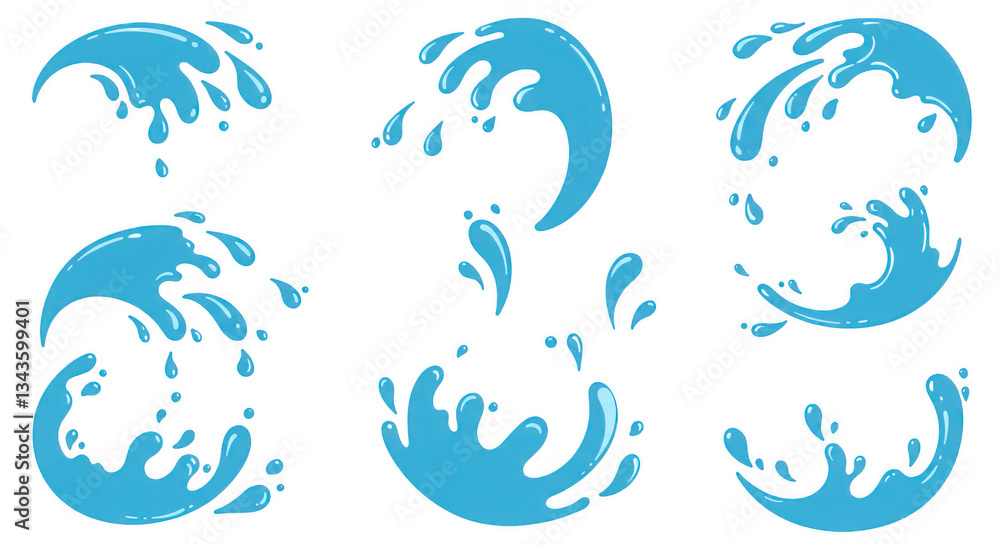 Illustration of six cartoon water splashes in different shapes Illustration of six cartoon water splashes in different shapes