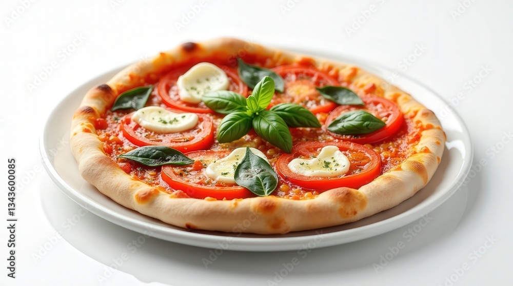 Classic Italian Pizza Margherita with Fresh Basil and Tomato Slices on a White Plate Classic Italian Pizza Margherita with Fresh Basil and Tomato Slices on a White Plate
