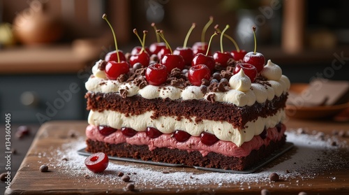 Delicious Schwarzwalder Kirschtorte decorated with cherries and chocolate on a wooden table