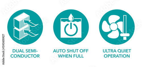 Dual semiconductor, Powerful or Sleep mode, Removes oz per day - circular icons set