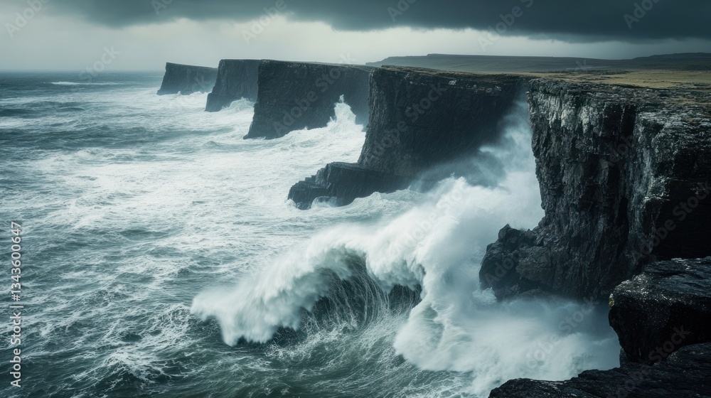 Dramatic coastline view with powerful waves crashing against imposing dark cliffs Dramatic coastline view with powerful waves crashing against imposing dark cliffs