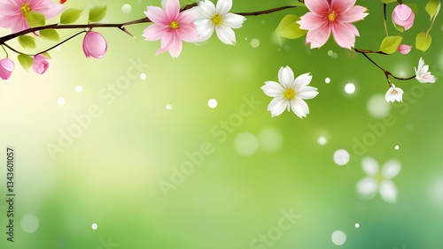 Blooming cherry tree branch with beautiful pink and white flowers on green background