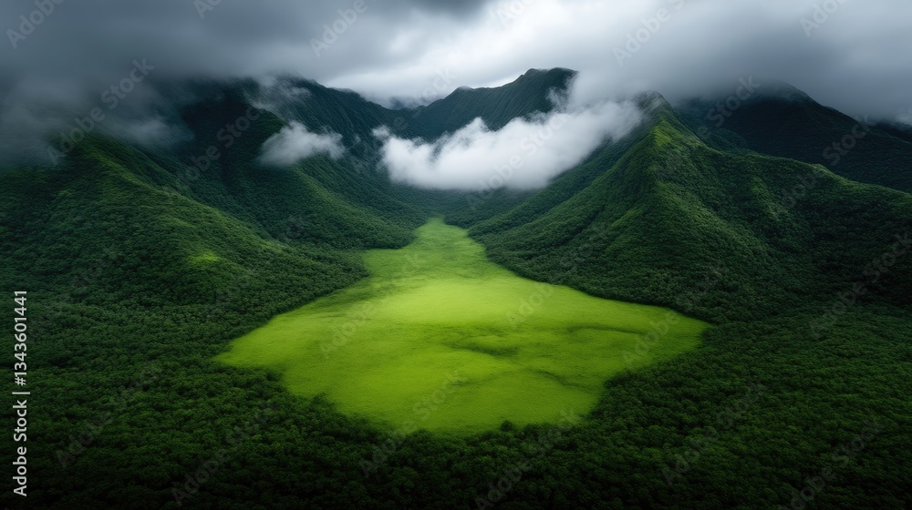 Lush valley with a vibrant green lake nestled amidst dramatic mountains