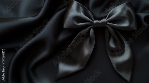A silk bow hair tie draped elegantly on a glossy black background