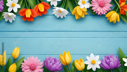 Colorful spring flowers creating a frame on light blue wooden planks