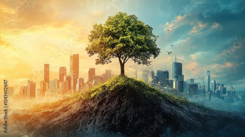 A large tree sits atop an urbanized land mound