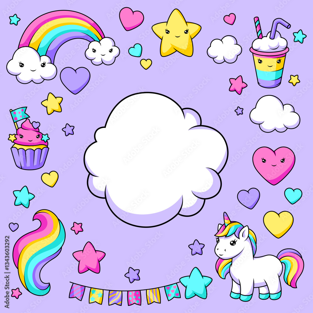 Fototapeta premium Background with unicorn. Happy birthday party invitation.