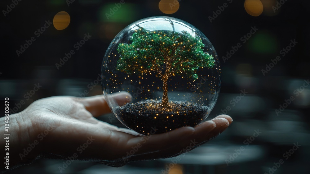 Fototapeta premium A hand holding a glowing miniature tree within a glass orb