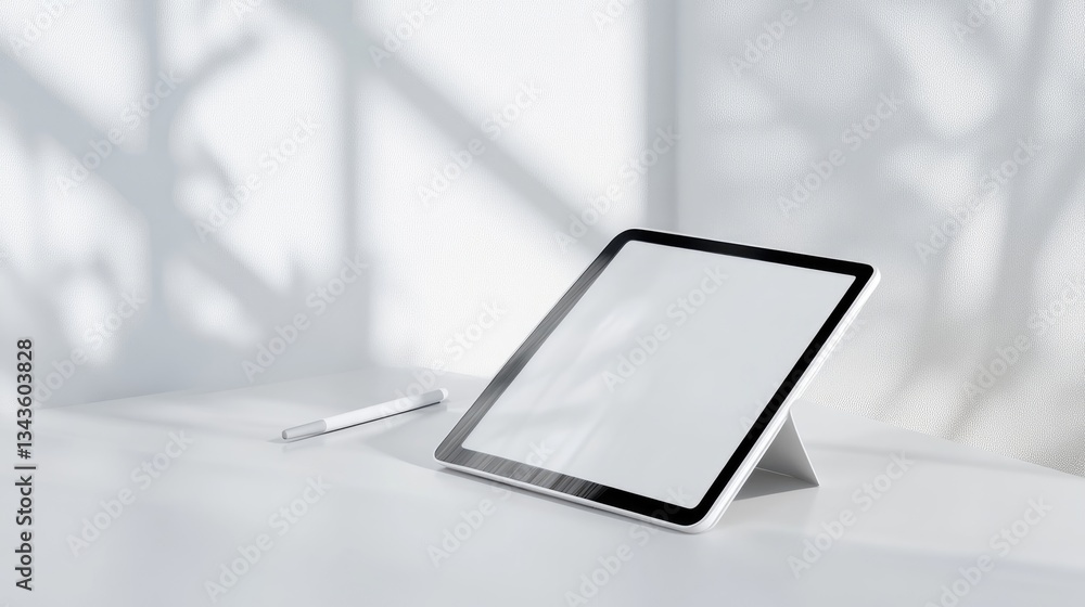 Modern tablet on white surface with a pen, illuminated by shadows