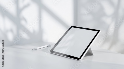Obraz na płótnie Modern tablet on white surface with a pen, illuminated by shadows w salonie
