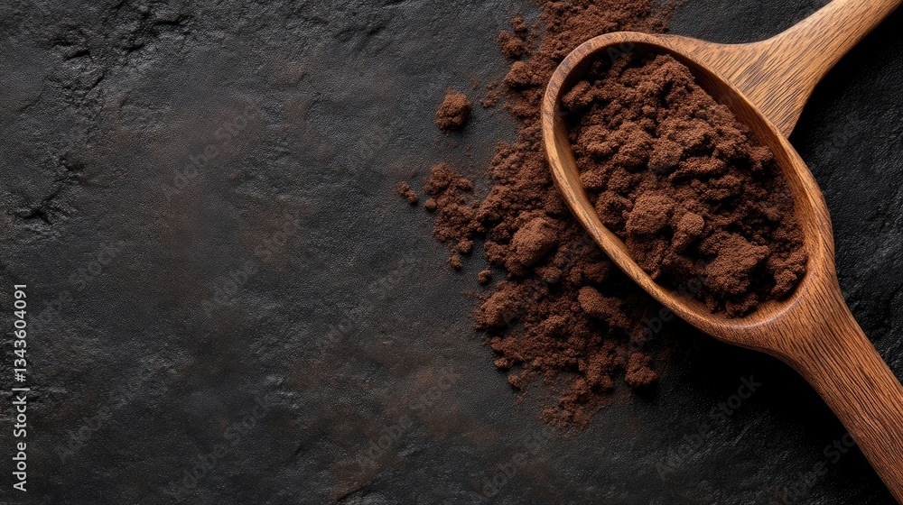 Dark cocoa powder in wooden spoons on dark background