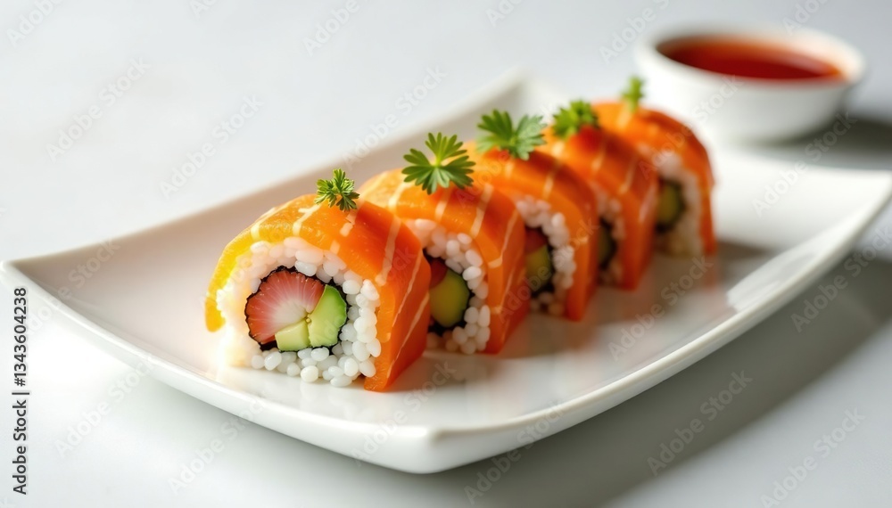 Elegant sushi platter, pristine white background, macro, detail, sushi Elegant sushi platter, pristine white background, macro, detail, sushi