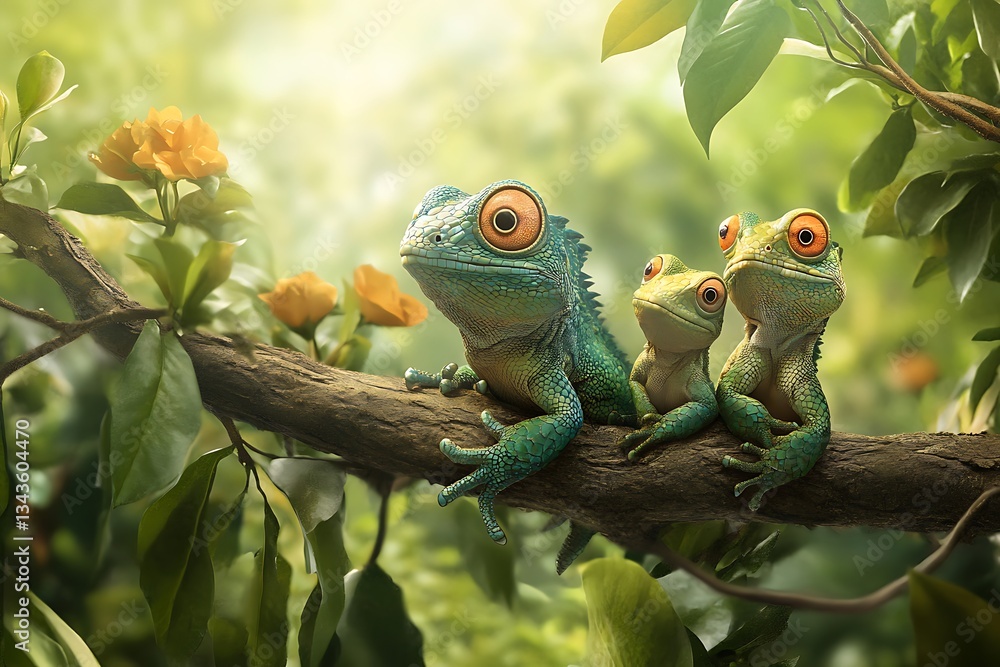 Iguanas on a tree branch in the forest. Animal theme. Iguanas on a tree branch in the forest. Animal theme.