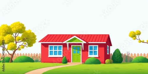 Wallpaper Mural Brightly colored flat illustration of a small house with a red roof, green door, and blue windows, illustration, modern Torontodigital.ca