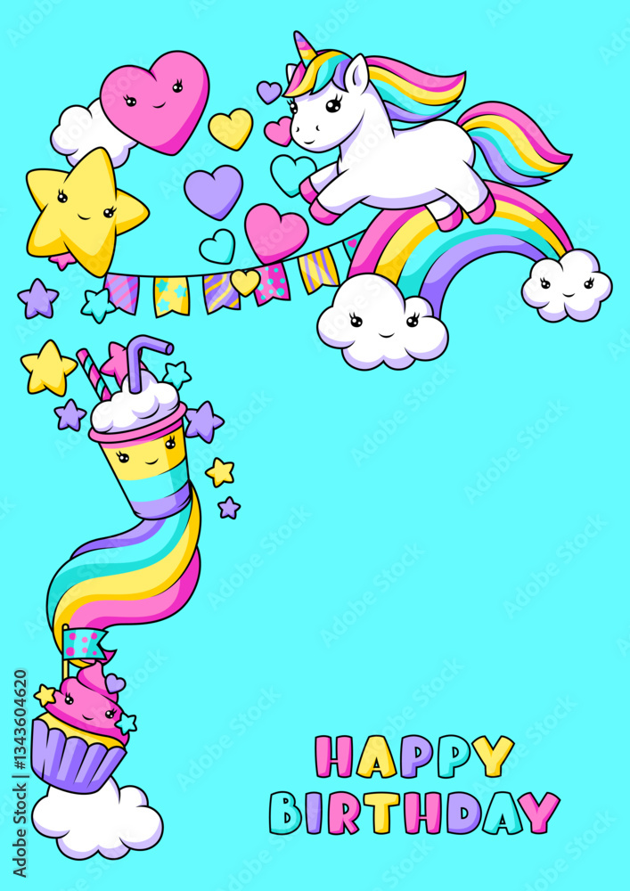 Fototapeta premium Background with unicorn. Happy birthday party invitation.
