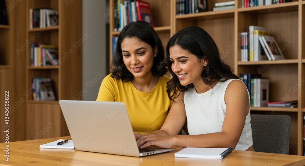 Obraz premium Two female office friends laughing at workplace, having fun, talking at laptop, discussing funny creative ideas, brainstorming, chatting, enjoying business friendship