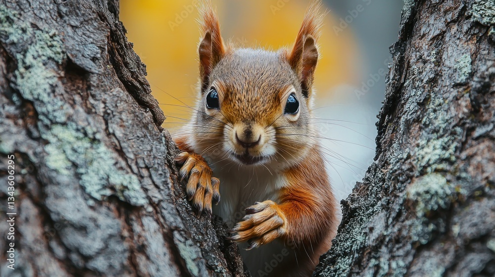 Obraz premium A curious squirrel peers out from behind a tree trunk