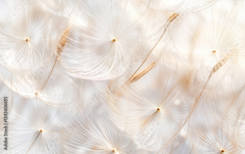 Close-up of Dandelion Seed Heads, Abstract Floral Pattern, White and Brown Colors