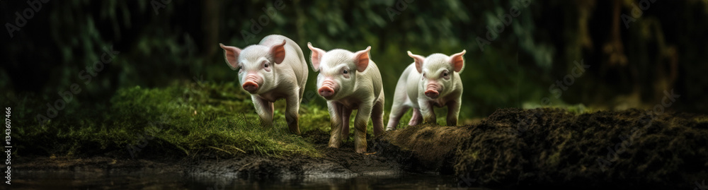 Three piglets walking in a line near a muddy area in a lush green environment. Three piglets walking in a line near a muddy area in a lush green environment.