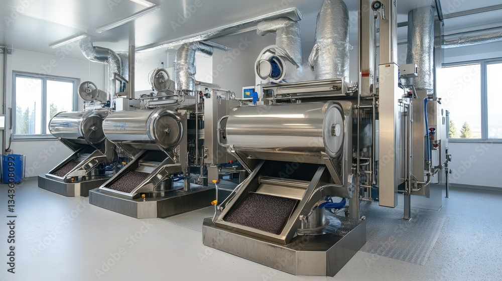 Large industrial grinding machines processing beef in a sterile meat processing environment Large industrial grinding machines processing beef in a sterile meat processing environment