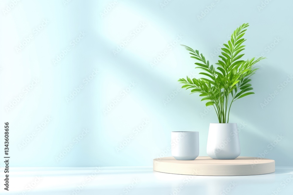 Minimalist plant display on light blue backdrop