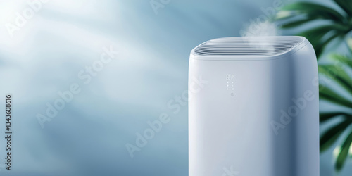 Zero emission smart home technology. Sleek smart dehumidifier releasing mist, enhancing indoor air quality in modern space.