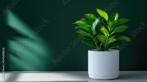 Obraz na płótnie Green plant in white pot against dark backdrop w salonie