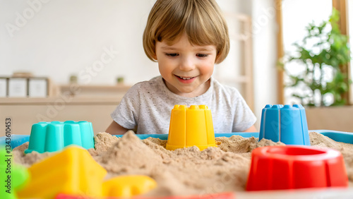 Child development growth stimulation, Child playing joyfully with colorful sand toys in a bright indoor space.