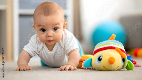 Child development growth stimulation, Crawling baby with a colorful toy on a soft carpet in a bright room.