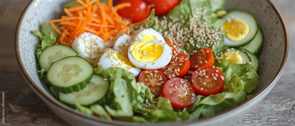 A vibrant and colorful salad bowl filled with crisp lettuce, juicy cherry tomatoes, thinly sliced cucumbers, and shredded carrots, topped with perfectly sliced hard-boiled eggs, A vibrant and colorful salad bowl filled with crisp lettuce, juicy cherry tomatoes, thinly sliced cucumbers, and shredded carrots, topped with perfectly sliced hard-boiled eggs,