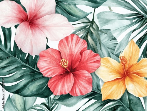 Wallpaper Mural Tropical Hibiscus Flower and Foliage Watercolor Illustration - Vibrant Floral Design with Exotic Leaves for Summer and Spring Decor Torontodigital.ca