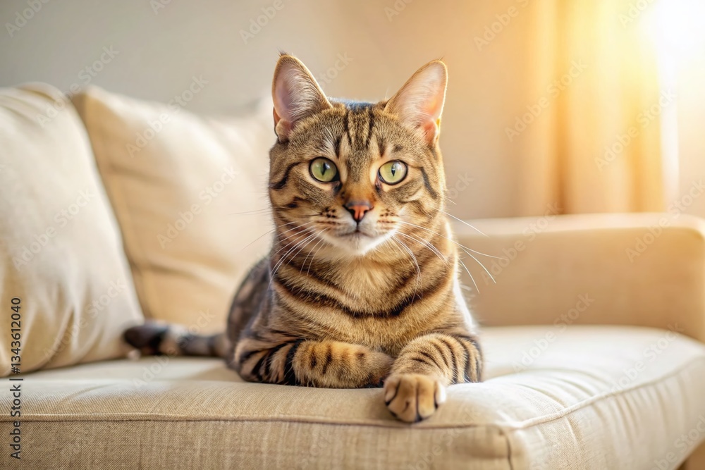 Adorable Tabby Cat Relaxing on Cozy Sofa - Cute Pet Stock Photo Adorable Tabby Cat Relaxing on Cozy Sofa - Cute Pet Stock Photo